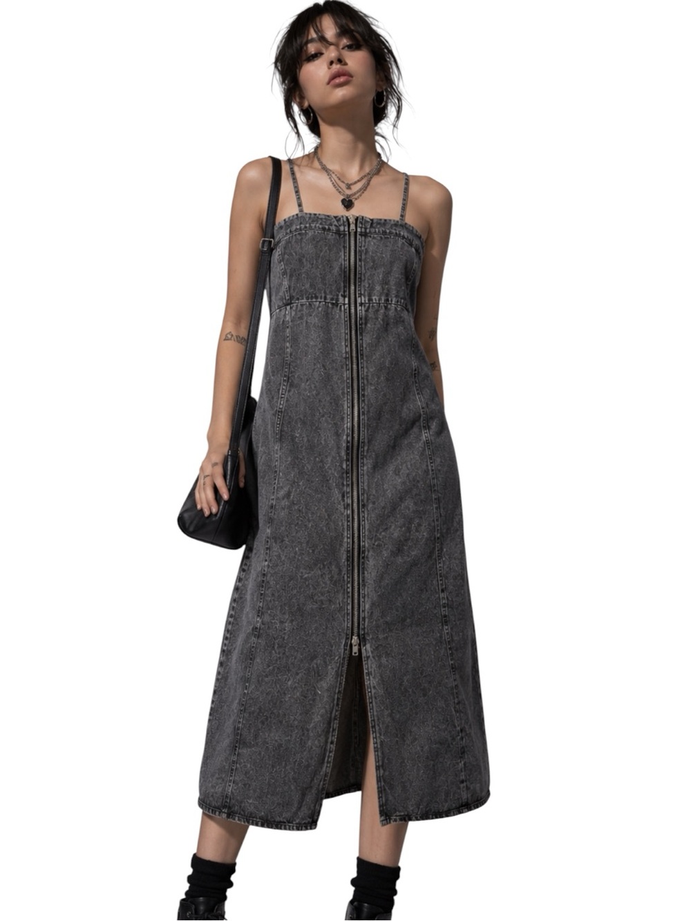 Japanese Acid Wash Denim Midi Dress L XL Grunge Indie Sleaze